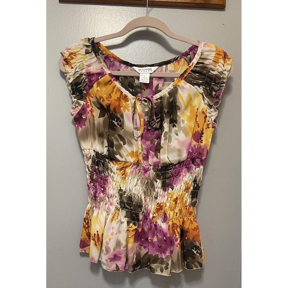 ALLISON TAYLOR Sleeveless Blouse Womens Large Floral Print Chiffon Pleated
